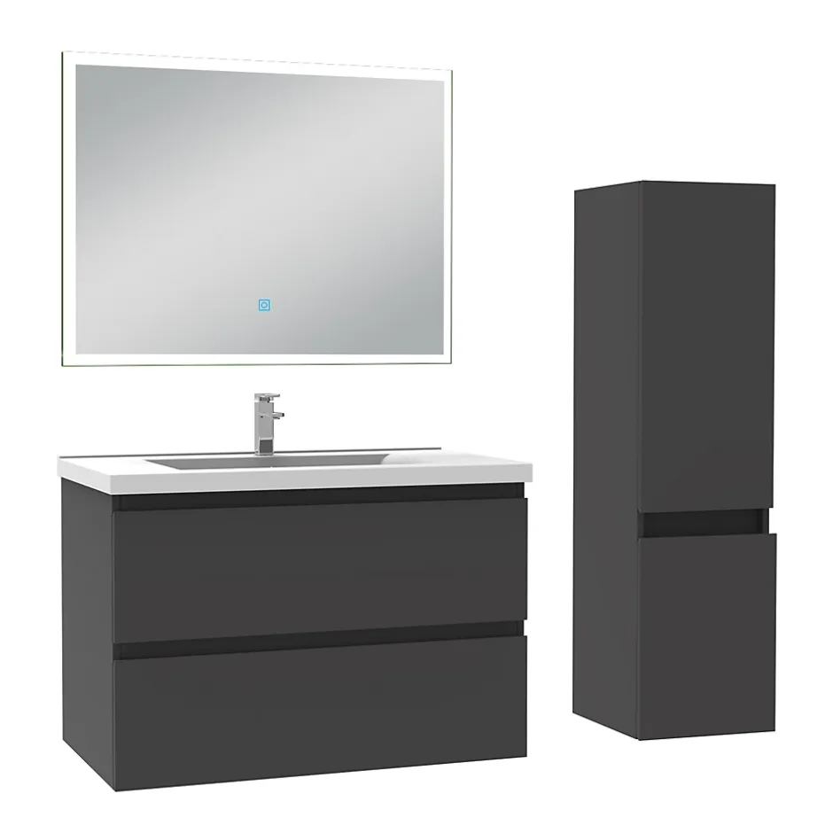 AICA Sanitaire Ensemble meuble de salle de bain 80cm, vasque céramique + colonne + miroir lumineux, anthracite