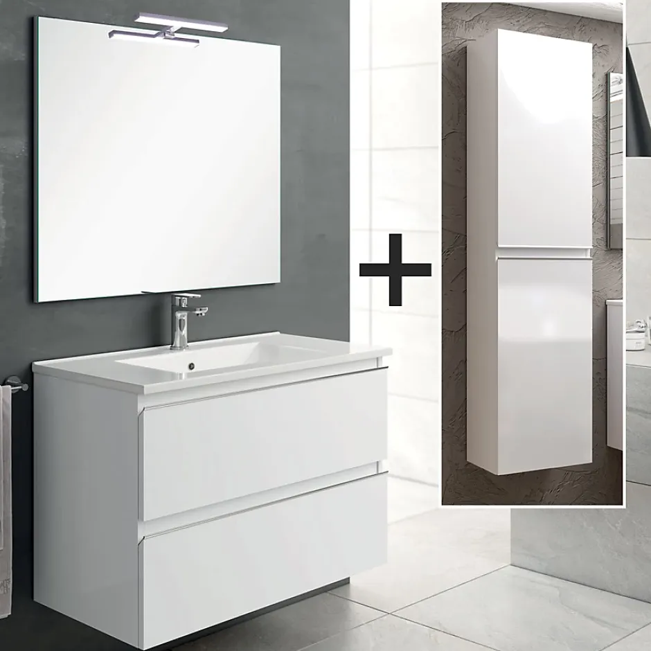 Cosyneo Ensemble meuble de salle de bain 80cm simple vasque + colonne de rangement - BALEA - blanc* Ensemble Meuble De Salle De Bains