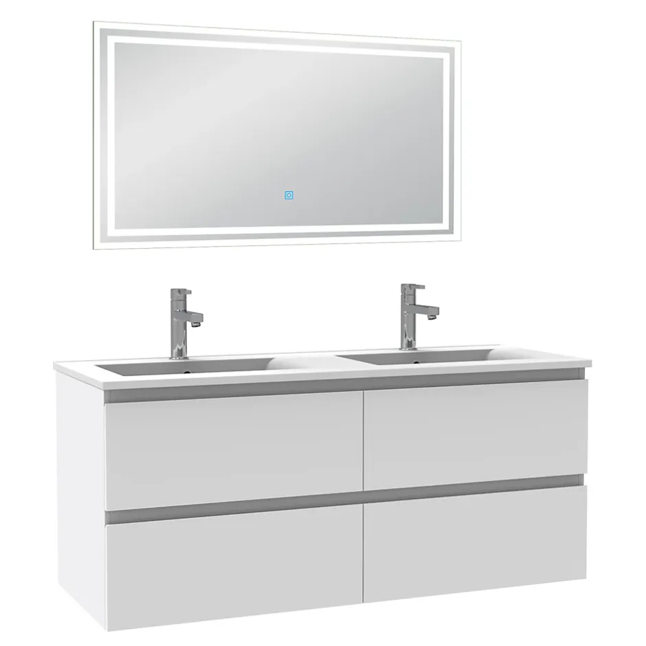 AICA Sanitaire Ensemble meuble de salle de bain 120cm, vasque céramique et LED miroir mural, blanc* Ensemble Meuble De Salle De Bains