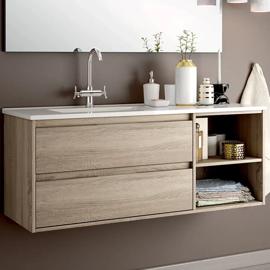 Cosyneo Ensemble meuble de salle de bain 120cm vasque déportée + colonne de rangement OLYMPE - cambrian (chêne)* Ensemble Meuble De Salle De Bains