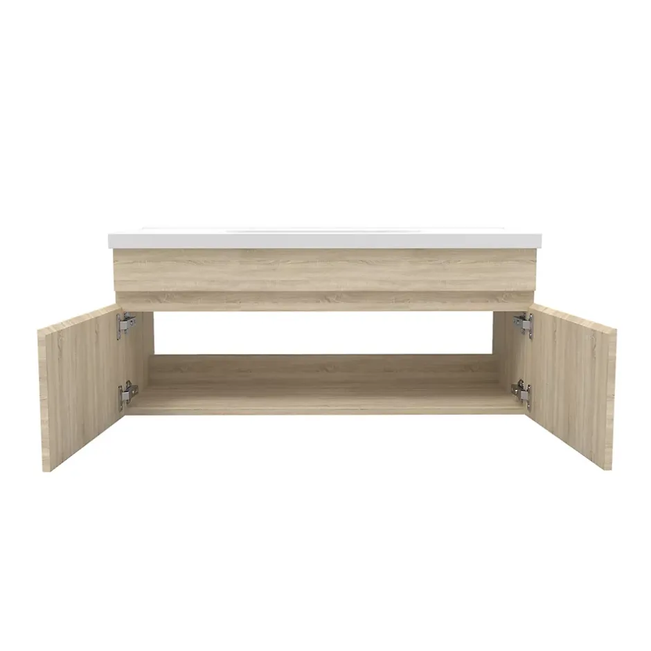 AICA Sanitaire Ensemble meuble de salle de bain 100cm, vasque céramique + colonne + LED miroir, chêne