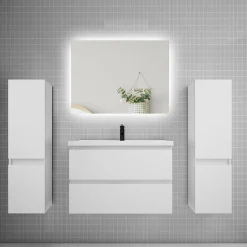 AICA Sanitaire Ensemble meuble de salle de bain et lavabo blanc (L.80cm) 2 tiroirs + meuble haut x2 + lavabo + miroir LED* Ensemble Meuble De Salle De Bains