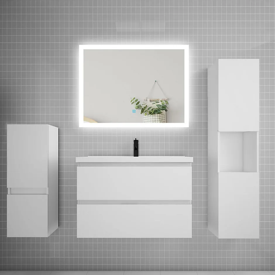 AICA Sanitaire Ensemble meuble de salle de bain 80cm, simple vasque + colonne + LED miroir rectangulaire,blanc