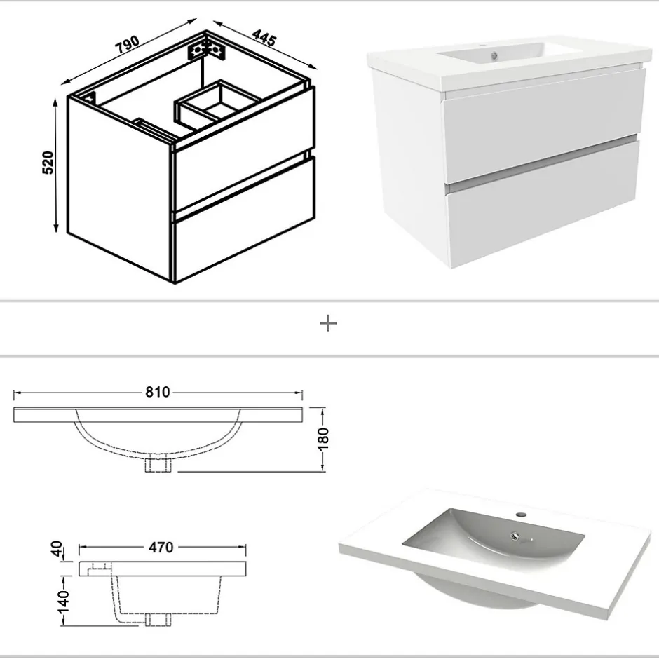 AICA Sanitaire Ensemble meuble de salle de bain 80cm, simple vasque + colonne + LED miroir rectangulaire,blanc