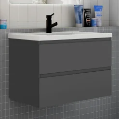 AICA Sanitaire Ensemble meuble de salle de bain et lavabo anthracite (L.80cm) 2 tiroirs + meuble haut + lavabo + miroir rond LED