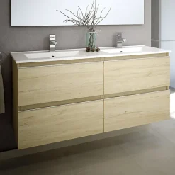 Cosyneo Ensemble meuble de salle de bain 140cm double vasque + colonne de rangement - BALEA - bambou (chêne clair)* Ensemble Meuble De Salle De Bains