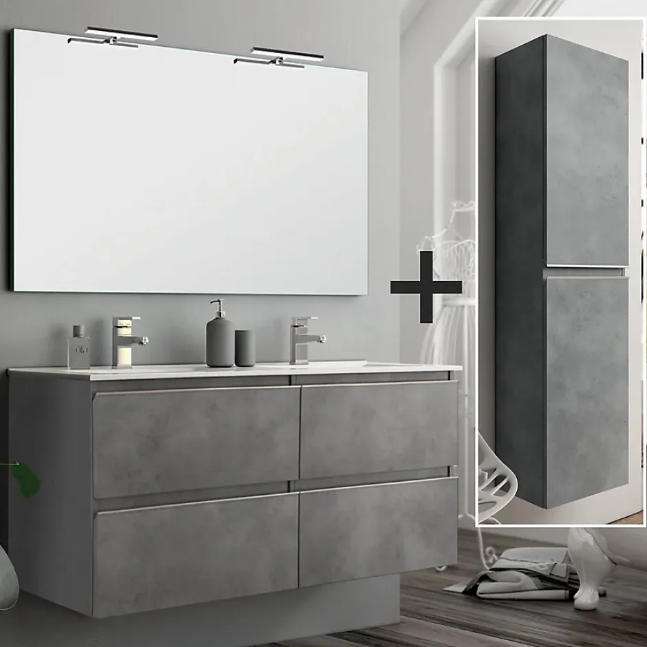 Cosyneo Ensemble meuble de salle de bain 120cm double vasque + colonne de rangement - BALEA - ciment (gris)