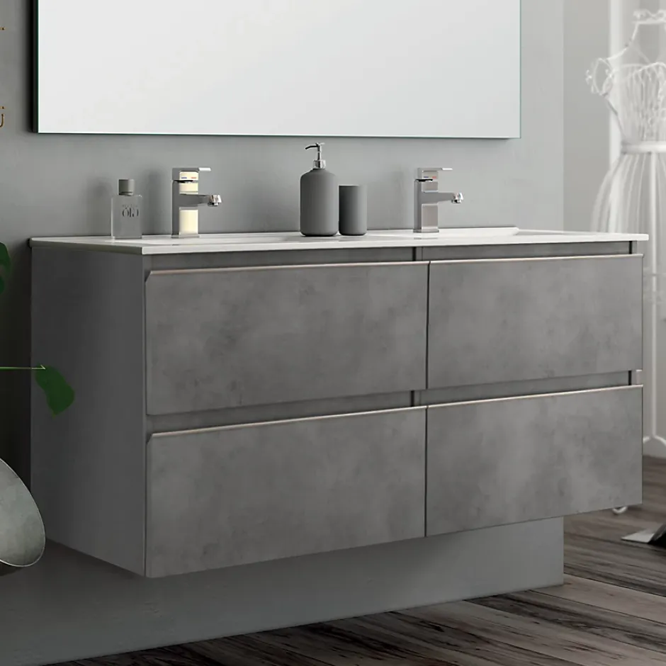 Cosyneo Ensemble meuble de salle de bain 120cm double vasque + colonne de rangement - BALEA - ciment (gris)
