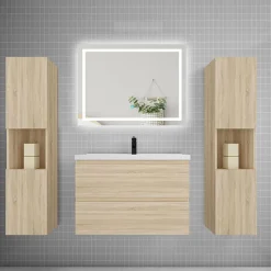 AICA Sanitaire Ensemble meuble de salle de bains 80cm, vasque + colonne + LED miroir mural,chêne* Ensemble Meuble De Salle De Bains