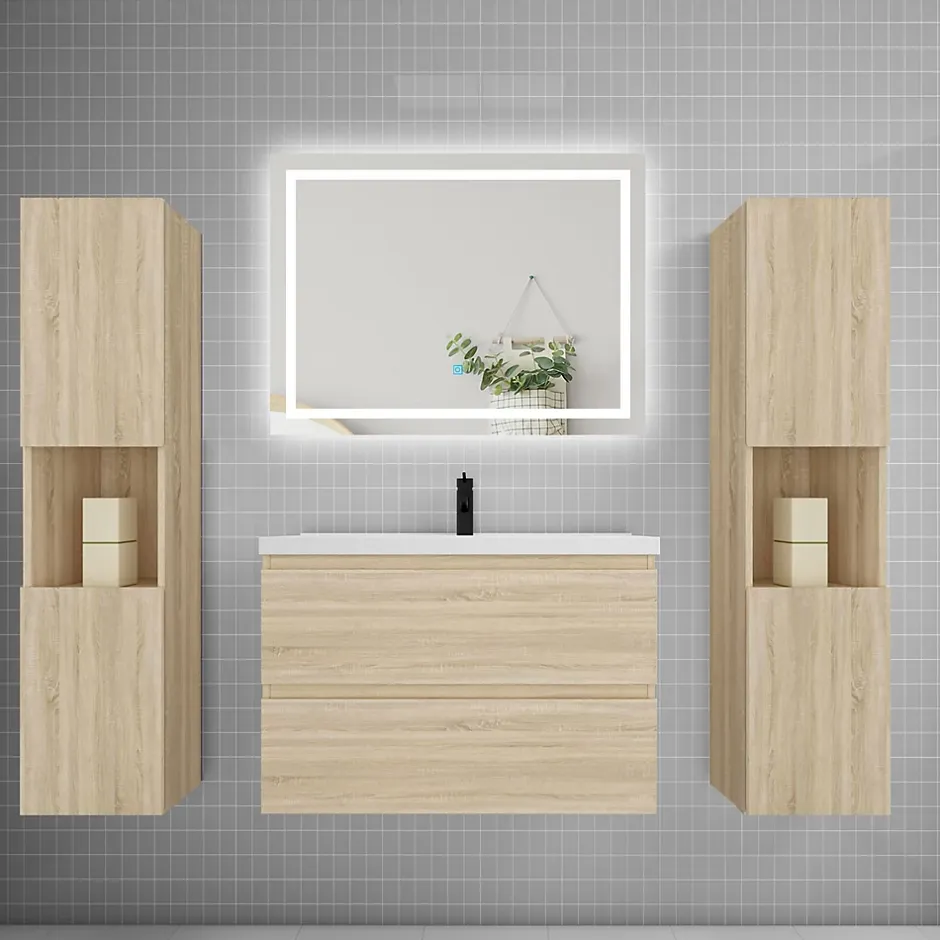 AICA Sanitaire Ensemble meuble de salle de bains 80cm, vasque + colonne + LED miroir mural,chêne* Ensemble Meuble De Salle De Bains