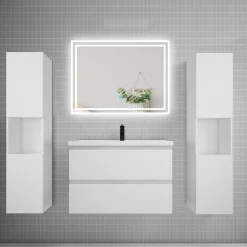 AICA Sanitaire Ensemble meuble de salle de bains 80cm, simple vasque + colonne + LED miroir mural,blanc