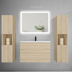 AICA Sanitaire Ensemble meuble de salle de bains 80cm, simple vasque + colonne + LED miroir rectangulaire,chêne* Ensemble Meuble De Salle De Bains