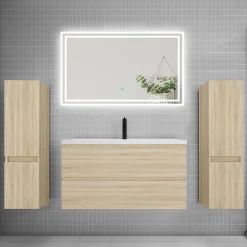 AICA Sanitaire Ensemble meuble de salle de bains 100cm, simple vasque + colonne + LED miroir,chêne