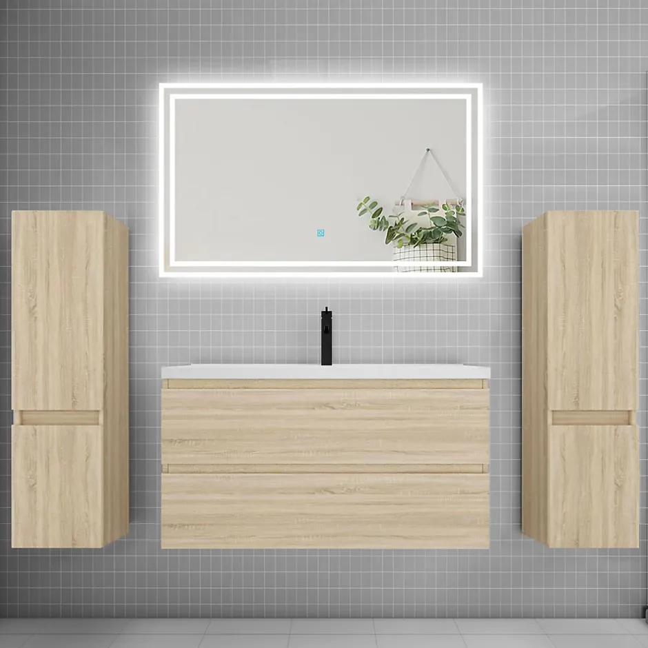 AICA Sanitaire Ensemble meuble de salle de bains 100cm, simple vasque + colonne + LED miroir,chêne