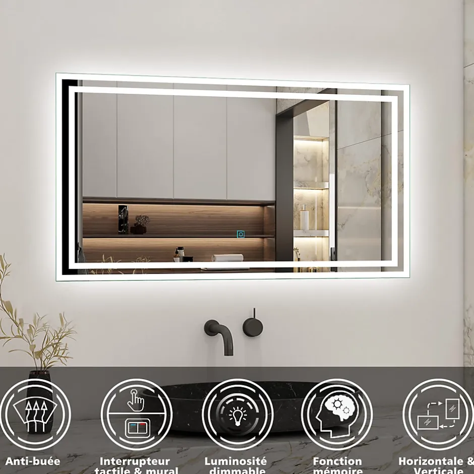 AICA Sanitaire Ensemble meuble de salle de bains 100cm, simple vasque + colonne + LED miroir,chêne