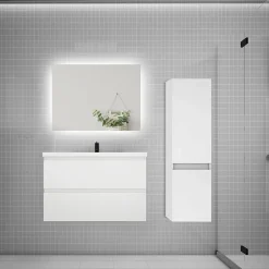 AICA Sanitaire Ensemble meuble de salle de bain et lavabo blanc (L.80cm) 2 tiroirs + meuble haut + lavabo + miroir LED