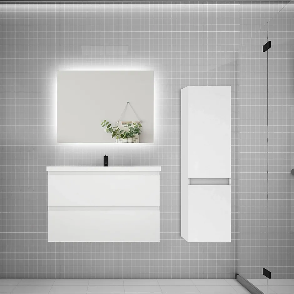 AICA Sanitaire Ensemble meuble de salle de bain et lavabo blanc (L.80cm) 2 tiroirs + meuble haut + lavabo + miroir LED
