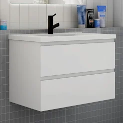 AICA Sanitaire Ensemble meuble de salle de bain et lavabo blanc (L.80cm) 2 tiroirs + meuble haut + lavabo + miroir LED