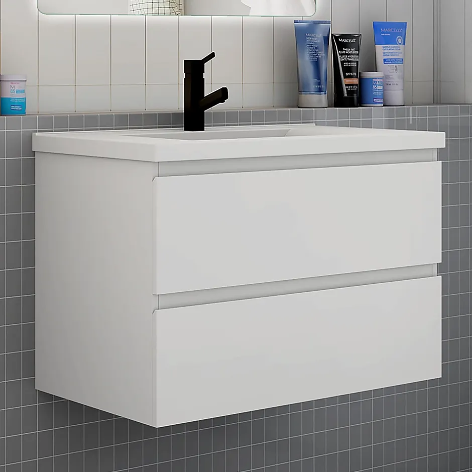 AICA Sanitaire Ensemble meuble de salle de bain et lavabo blanc (L.80cm) 2 tiroirs + meuble haut + lavabo + miroir LED