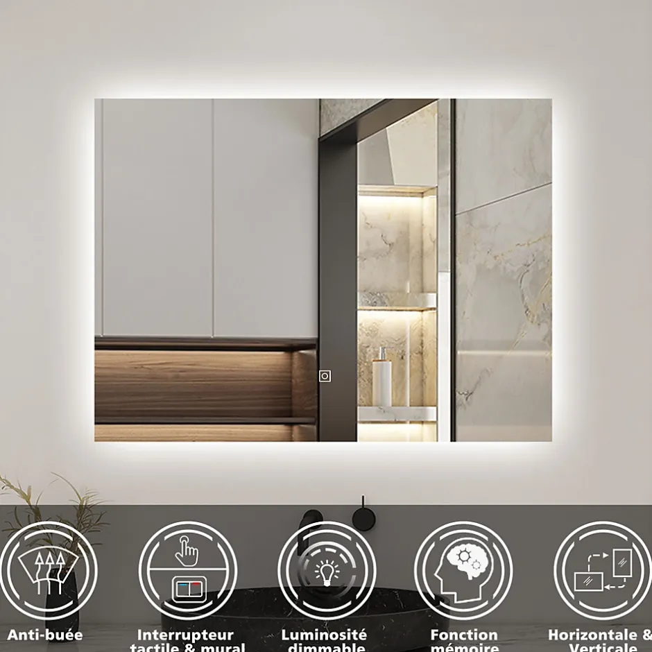 AICA Sanitaire Ensemble meuble de salle de bain et lavabo blanc (L.80cm) 2 tiroirs + meuble haut + lavabo + miroir LED