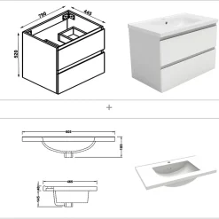 AICA Sanitaire Ensemble meuble de salle de bain et lavabo blanc (L.80cm) 2 tiroirs + meuble haut + lavabo + miroir LED