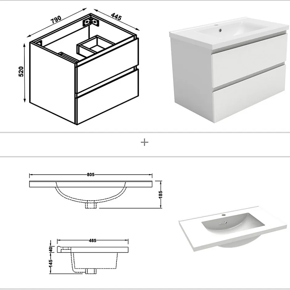 AICA Sanitaire Ensemble meuble de salle de bain et lavabo blanc (L.80cm) 2 tiroirs + meuble haut + lavabo + miroir LED