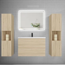 AICA Sanitaire Ensemble meuble de salle de bains 80cm, simple vasque + colonne + LED miroir mural,chêne