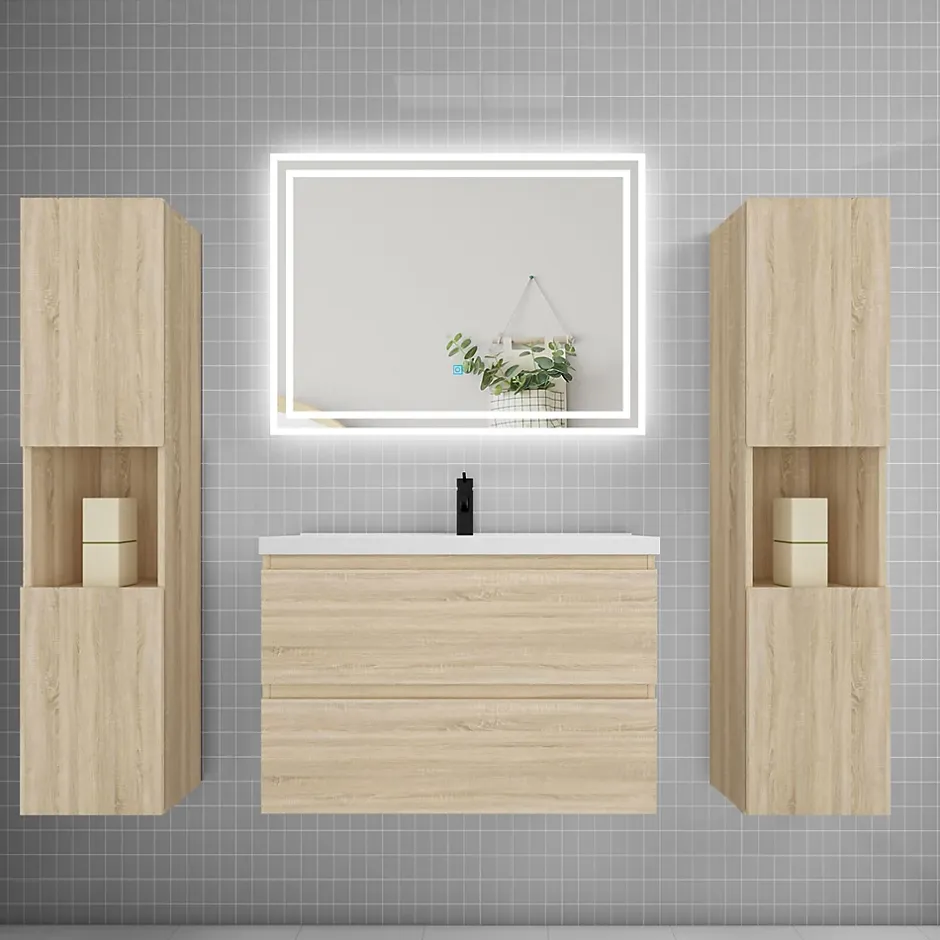 AICA Sanitaire Ensemble meuble de salle de bains 80cm, simple vasque + colonne + LED miroir mural,chêne