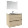 AICA Sanitaire Ensemble meuble de salle de bain 60cm, vasque céramique et LED miroir rectangulaire, chêne