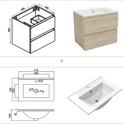 AICA Sanitaire Ensemble meuble de salle de bain 60cm, vasque céramique et LED miroir rectangulaire, chêne
