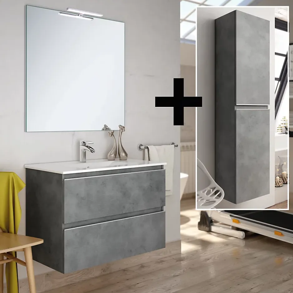 Cosyneo Ensemble meuble de salle de bain 60cm simple vasque + colonne de rangement - BALEA - ciment (gris)