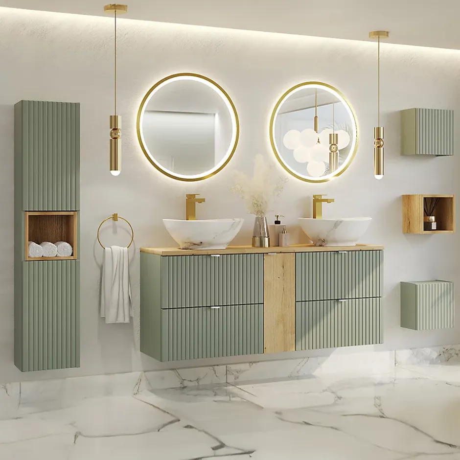 Petits-Meubles Ensemble meuble double vasque 140cm 4 tiroirs miroirs LED colonne et 3 armoires murales Jade Vert et Bois* Ensemble Meuble De Salle De Bains