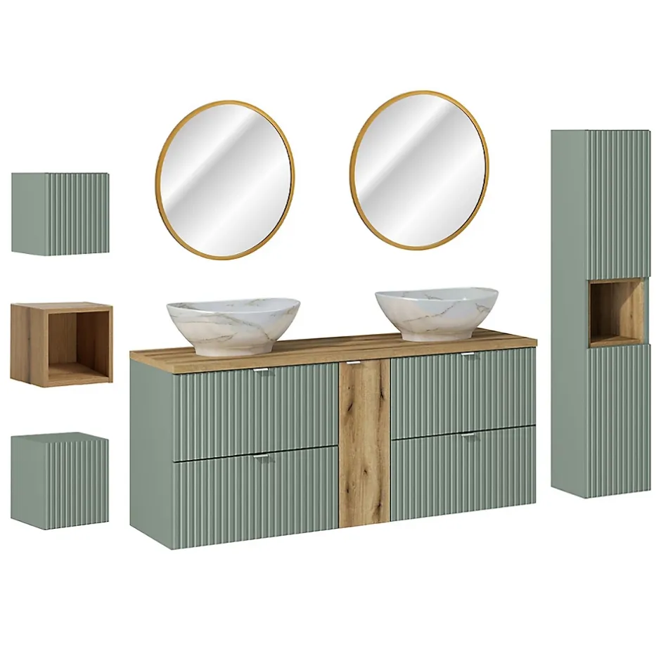 Petits-Meubles Ensemble meuble double vasque 140cm 4 tiroirs miroirs LED colonne et 3 armoires murales Jade Vert et Bois* Ensemble Meuble De Salle De Bains