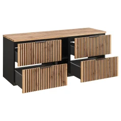 Petits-Meubles Ensemble meuble double vasque 140cm 2 niches miroirs LED et colonne Gaia Bois et Noir - Vasque Noir