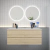 AICA Sanitaire Ensemble meuble double vasque L.120cm 4 tiroirs + lavabo + 2 LED miroirs rond 60cm,chêne* Ensemble Meuble De Salle De Bains