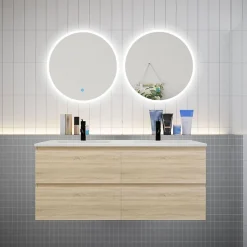AICA Sanitaire Ensemble meuble double vasque L.120cm 4 tiroirs + lavabo + 2 LED miroirs rond 60cm,chêne* Ensemble Meuble De Salle De Bains