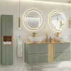 Petits-Meubles Ensemble meuble double vasque 140cm 4 tiroirs miroirs LED et colonne Jade Vert et Bois