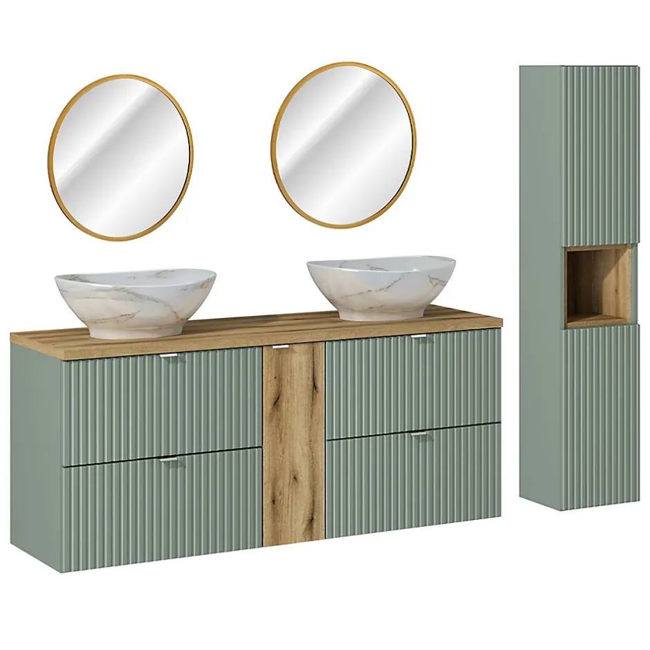 Petits-Meubles Ensemble meuble double vasque 140cm 4 tiroirs miroirs LED et colonne Jade Vert et Bois