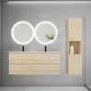 AICA Sanitaire Ensemble meuble double vasque L.120cm 4 tiroirs + lavabo + 2 LED miroirs rond 60cm + colonne C,chêne.easy
