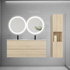 AICA Sanitaire Ensemble meuble double vasque L.120cm 4 tiroirs + lavabo + 2 LED miroirs rond 60cm + colonne C,chêne.easy