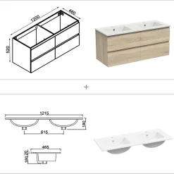AICA Sanitaire Ensemble meuble double vasque L.120cm 4 tiroirs + lavabo + 2 LED miroirs rond 60cm + colonne C,chêne.easy