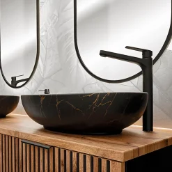 Petits-Meubles Ensemble meuble double vasque 140cm 2 niches miroirs LED colonne et 3 armoires murales Gaia Bois et Noir - Vasque Noir* Ensemble Meuble De Salle De Bains