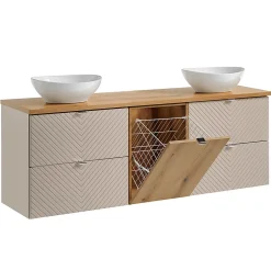 Petits-Meubles Ensemble meuble double vasque 160cm 4 tiroirs panier à linge et colonne Manoa Cachemire et Bois* Ensemble Meuble De Salle De Bains
