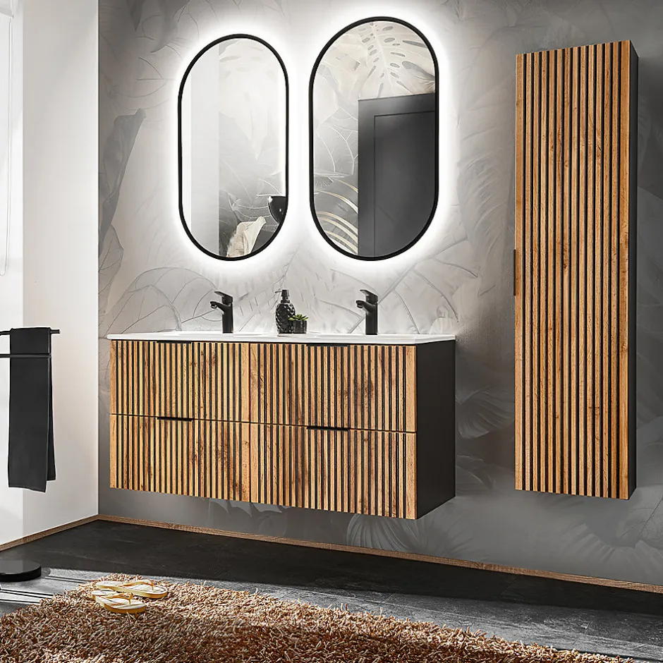 Petits-Meubles Ensemble meuble double vasque encastree 120cm et colonne Gaia Bois