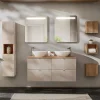 Petits-Meubles Ensemble meuble double vasque 120cm 4 tiroirs miroirs LED colonne et 3 armoires murales Manoa Cachemire et Bois