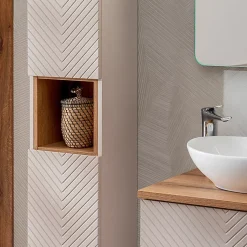 Petits-Meubles Ensemble meuble double vasque 120cm 4 tiroirs miroirs LED colonne et 3 armoires murales Manoa Cachemire et Bois