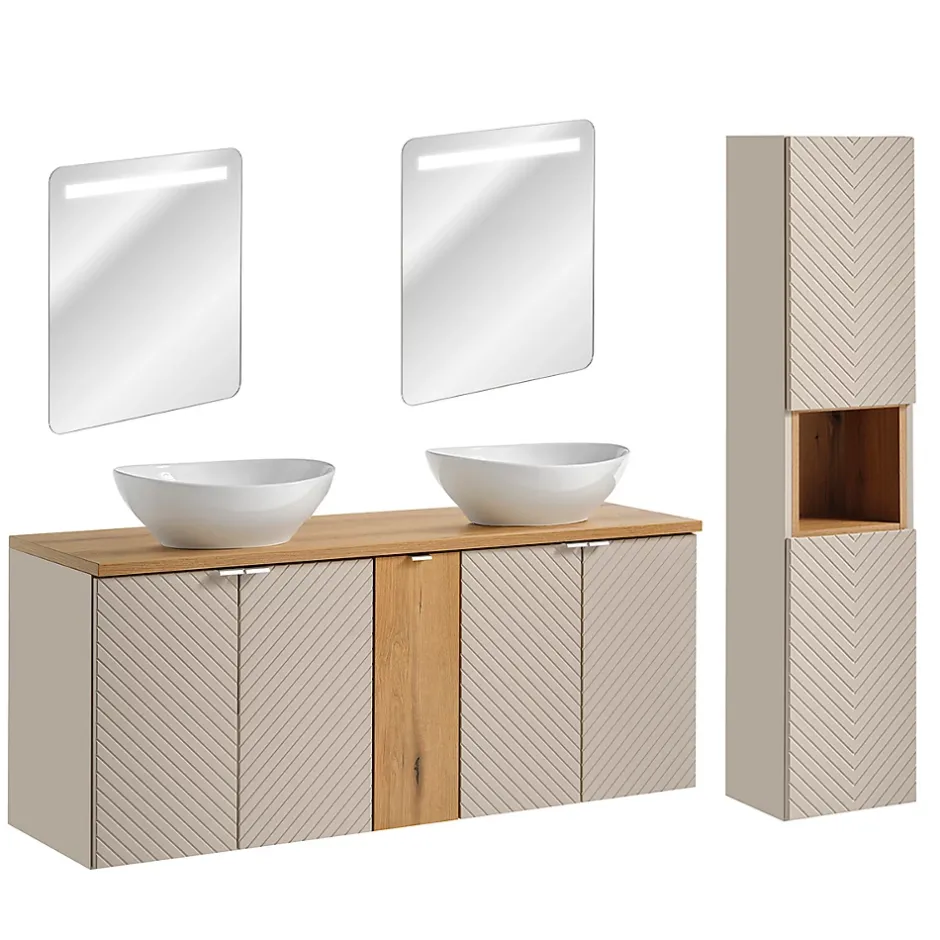 Petits-Meubles Ensemble meuble double vasque 140cm 5 portes miroirs LED et colonne Manoa Cachemire et Bois* Ensemble Meuble De Salle De Bains