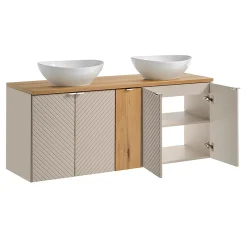 Petits-Meubles Ensemble meuble double vasque 140cm 5 portes miroirs LED et colonne Manoa Cachemire et Bois* Ensemble Meuble De Salle De Bains