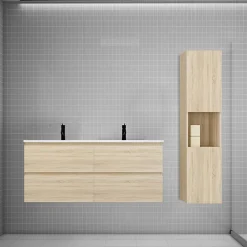 AICA Sanitaire Ensemble meuble double vasque L.120cm chêne 4 tiroirs + lavabo + colonne