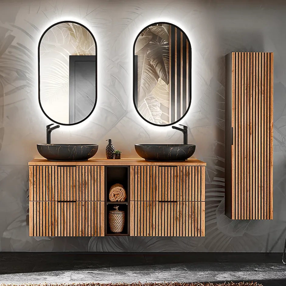 Petits-Meubles Ensemble meuble double vasque 140cm 2 niches et colonne Gaia Bois et Noir - Vasque Noir* Ensemble Meuble De Salle De Bains